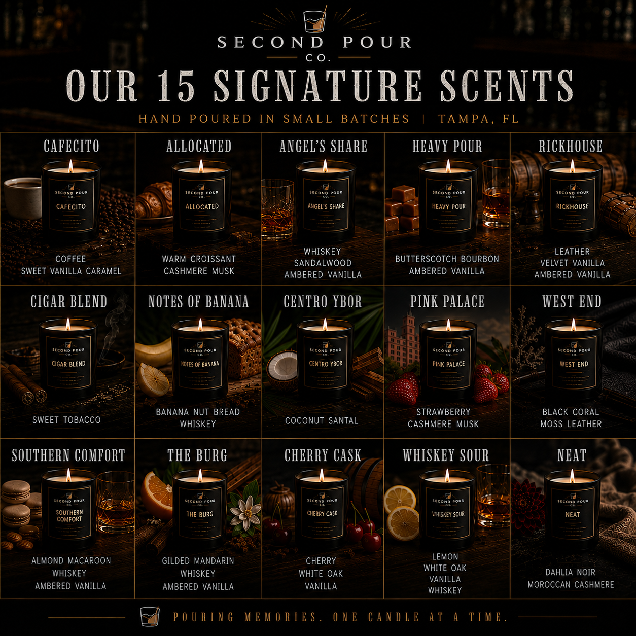 Our 15 signature scents — hand poured in small batches, Tampa, FL