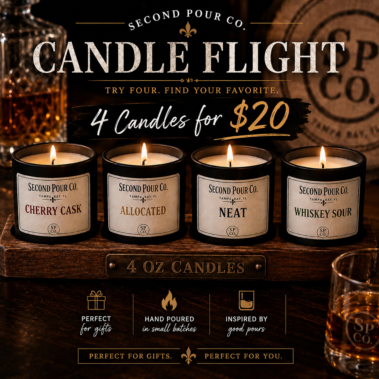 Second Pour Co. Candle Flight — four candles for $20