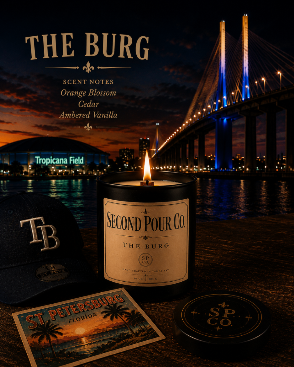 Second Pour Co. The Burg candle styled on the St. Petersburg waterfront