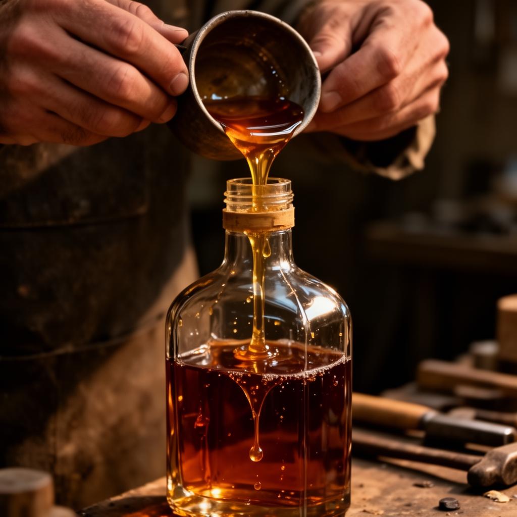 Wax being hand-poured into a cut whiskey bottle